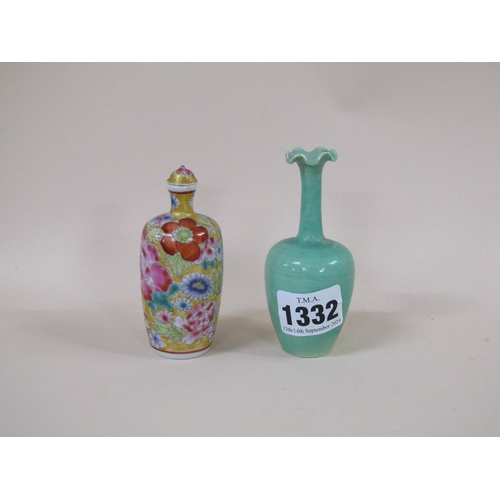 1332 - ORIENTAL SCENT BOTTLE AND STOPPER AND A GREEN GLAZED VASE