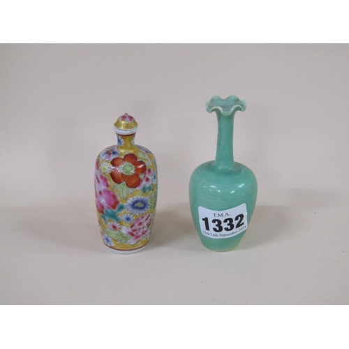 1332 - ORIENTAL SCENT BOTTLE AND STOPPER AND A GREEN GLAZED VASE