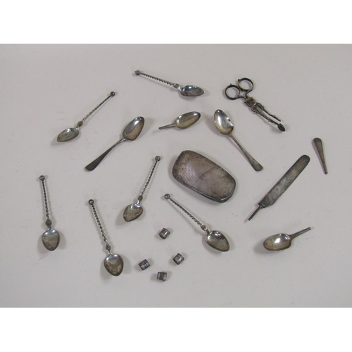 1340 - BOX OF ASSORTED SILVER SPOONS PLUS SUGAR NIPS ETC. APPX 4.5ozt