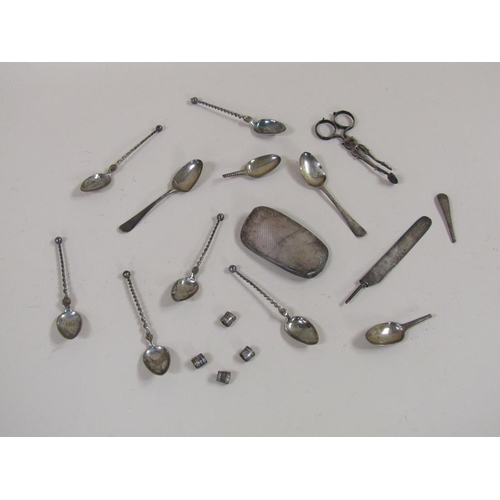 1340 - BOX OF ASSORTED SILVER SPOONS PLUS SUGAR NIPS ETC. APPX 4.5ozt