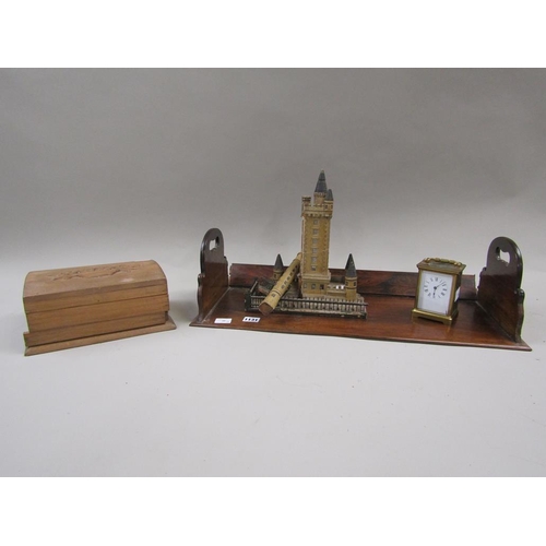 1131 - EARLY 20c OAK BOOK TRAY (59cms) TOGETHER WITH MODEL OF A CASTLE WITH BRASS CASED CARRIAGE CLOCK AND ... 