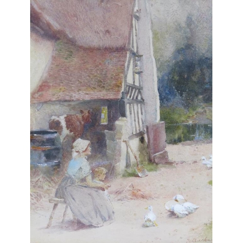 1002 - J MACKAY 1914 - LADY WITH CHILD SEATED OUTSIDE A HOMESTEAD, SIGNED WATERCOLOUR, F/G, 33CM X 23CM