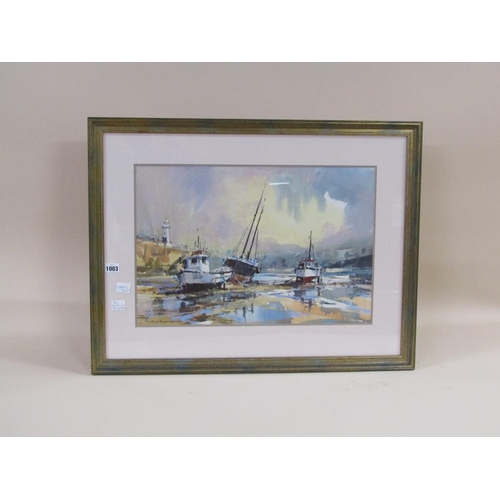 1003 - RAY BALKWILL - PASSING SHOWER, ST IVES HARBOUR, SIGNED WATERCOLOUR, F/G, 36CM X 54CM