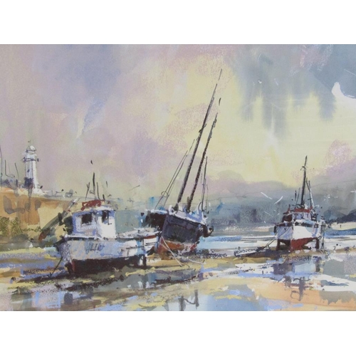 1003 - RAY BALKWILL - PASSING SHOWER, ST IVES HARBOUR, SIGNED WATERCOLOUR, F/G, 36CM X 54CM