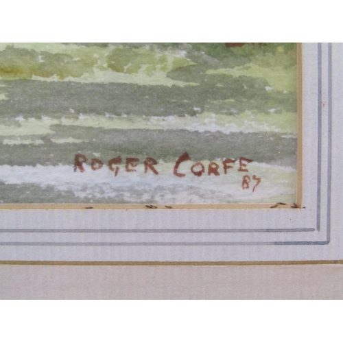 1004 - ROGER CORFE 91 - HOMES NEAR THE RIVER, SIGNED AND DATED WATERCOLOUR, F/G, 26CM X 36CM; ONE OTHER