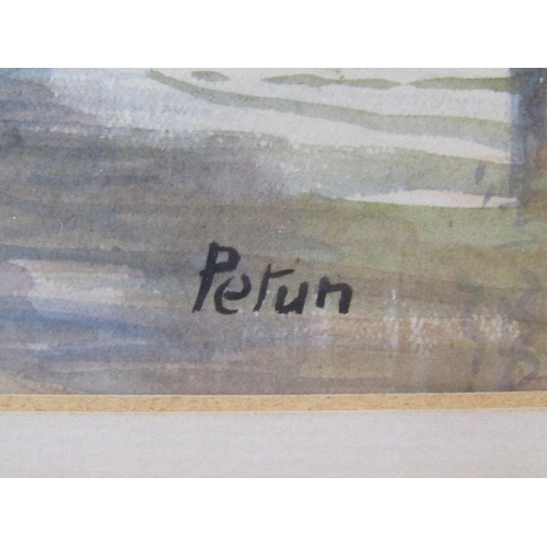 1005 - PETUN - STONE BRIDGE OVER TIHE TOWN RIVER, SIGNED WATERCOLOUR, F/G, 27CM X 18CM