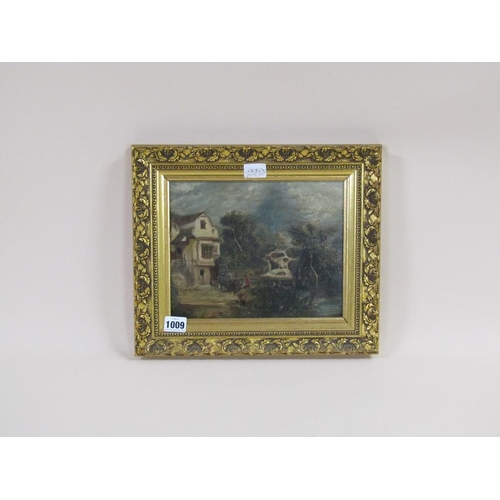 1009 - SIGNED INDISTINCTLY DATED 1896 - THE WATERMILL, OIL ON BOARD, FRAMED, 20CM X 25CM