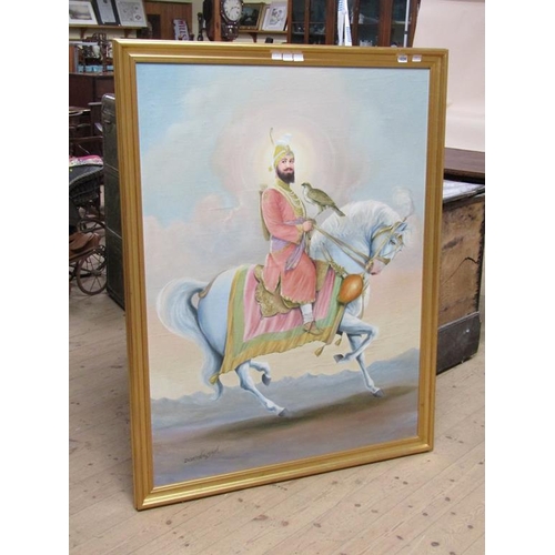 1020 - DEVENDER SINGH - INDIAN HAWKER ON HORSEBACK, SIGNED OIL ON CANVAS, FRAMED, 135CM X 95CM