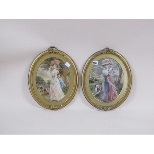 1021 - E F WHEELER - PAIR PORTRAITS OF LADIES WITH DOGS, OVAL F/G, EACH 29CM X 22CM