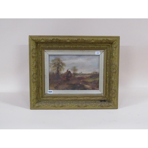 1025 - C H LANE 19C - THATCHED COTTAGE IN LANDSCAPE, SIGNED OIL ON CANVAS, FRAMED, A/F, 24CM X 34CM