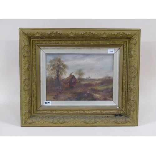 1025 - C H LANE 19C - THATCHED COTTAGE IN LANDSCAPE, SIGNED OIL ON CANVAS, FRAMED, A/F, 24CM X 34CM