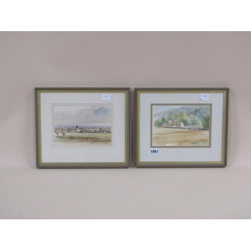 1051 - DAVID RUST, PAIR COTSWOLD COTTAGE AND CHURCH ON THE COMMON, SIGNED WATERCOLOURS EACH APPX 14 x 20 cm... 