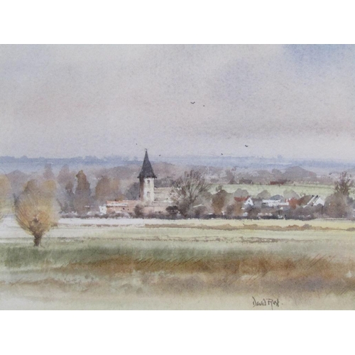 1051 - DAVID RUST, PAIR COTSWOLD COTTAGE AND CHURCH ON THE COMMON, SIGNED WATERCOLOURS EACH APPX 14 x 20 cm... 