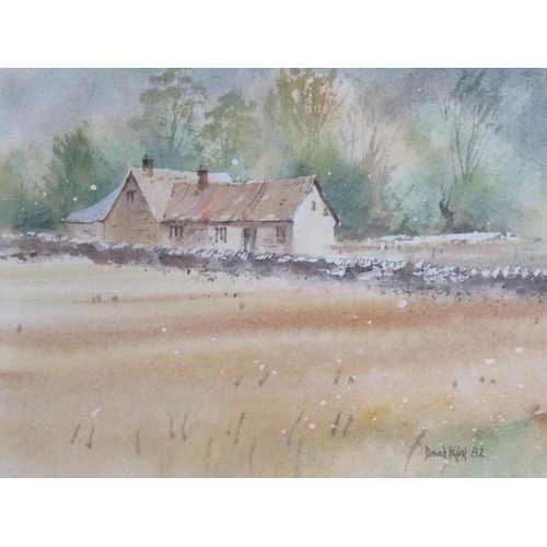 1051 - DAVID RUST, PAIR COTSWOLD COTTAGE AND CHURCH ON THE COMMON, SIGNED WATERCOLOURS EACH APPX 14 x 20 cm... 