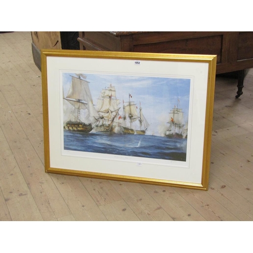 1052 - ROBIN BROOKS - THE DEFINING MOMENT TRAFALGAR 1805, F/G COLOURED PRINT, 45CM X 69CM