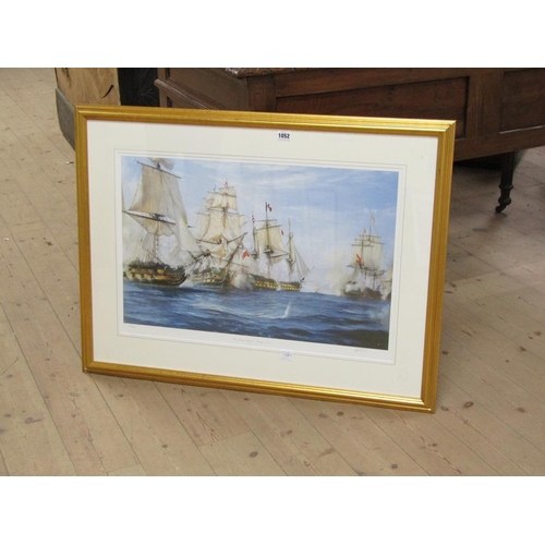 1052 - ROBIN BROOKS - THE DEFINING MOMENT TRAFALGAR 1805, F/G COLOURED PRINT, 45CM X 69CM