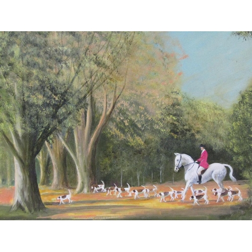 1063 - MONO EJP - HUNTSMAN AND HOUNDS, OIL ON CANVAS, FRAMED, 49CM X 60CM; PRINT