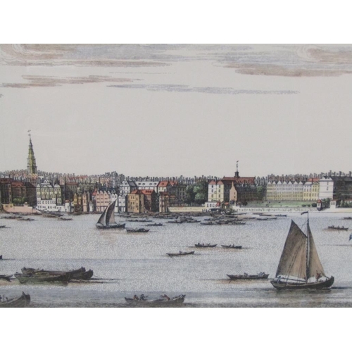 1065 - FRAMED COLOURED PRINT - PANORAMA OF A LONDON FROM THE RIVER, 31CM X 82CM