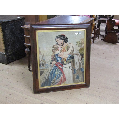 1068 - VICTORIAN NEEDLEWORK PICTURE - LADY AND GENT, F/G, 74CM X 63CM