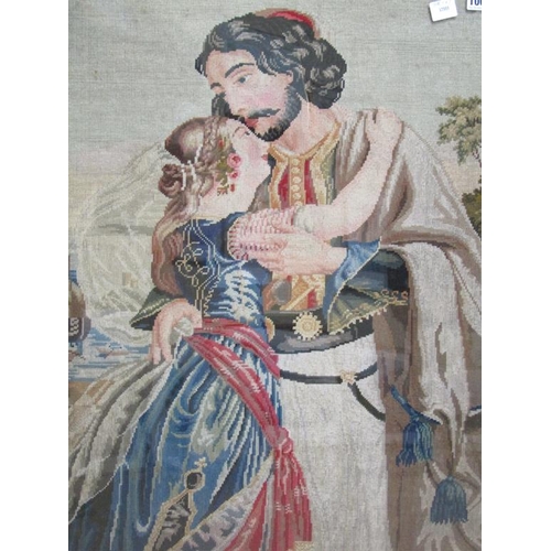 1068 - VICTORIAN NEEDLEWORK PICTURE - LADY AND GENT, F/G, 74CM X 63CM