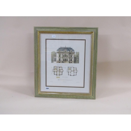 1069 - ARCHITECTURAL COLOURED PRINT - THE VILLA BEI HAMBURG; & ROOM LAY OUT PLAN, F/G 40CM X 32CM