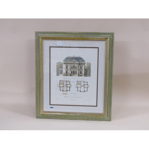 1069 - ARCHITECTURAL COLOURED PRINT - THE VILLA BEI HAMBURG; & ROOM LAY OUT PLAN, F/G 40CM X 32CM