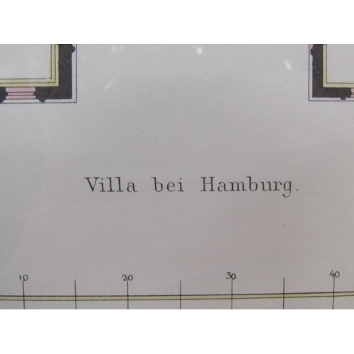 1069 - ARCHITECTURAL COLOURED PRINT - THE VILLA BEI HAMBURG; & ROOM LAY OUT PLAN, F/G 40CM X 32CM