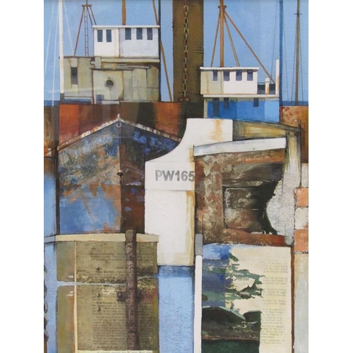 1072 - JUDY HEMPSTEAD - CONTEMPORARY COMPOSITION BOATS IN HARBOUR, WATERCOLOUR, F/G, 44CM X 44CM