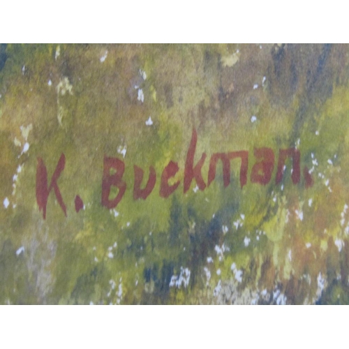 1075 - PAIR OF F/G WATERCOLOURS BY K BUCKMAN - THE WATERMILL & THE CHURCH BY RIVER