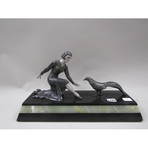 1183 - ART DECO PEWTER GROUP, LADY AND PHEASANT ON MARBLE BASE, BASE 44cms W