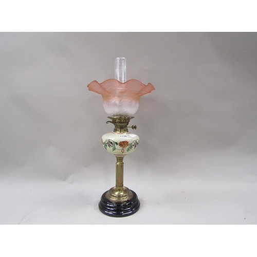 1196 - VICTORIAN OIL LAMP WITH ETCHED SHADE AND FUNNEL 65cms H