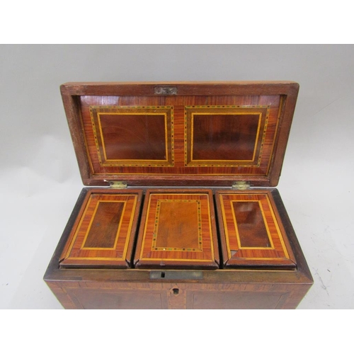 1240 - GEORGIAN INLAID THREE COMPARTMENT TEA CADDY 26cms W