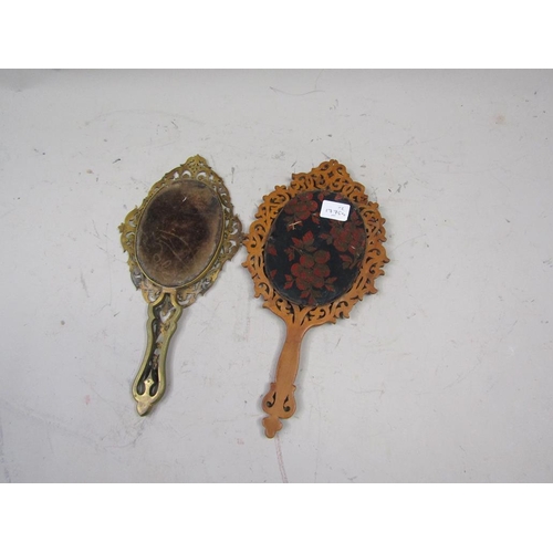 1276 - LATE 19c CONTINENTAL GILT METAL AND WOODEN HAND MIRRORS 31cms L