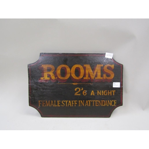 1220A - WOODEN SIGN - ROOMS 2/6 A NIGHT, FEMALE STAFF IN ATTENDANCE, 41CM W