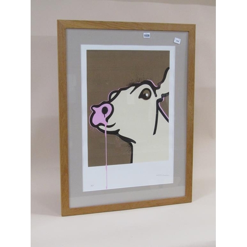 1026 - FRAMED COLOURED PRINT - COW, 64CM X 44CM