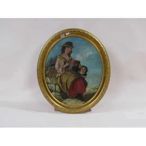 1027 - R HYDES 68? - MOTHER WITH PITCHER AND CHILD, OVAL FRAMED OIL ON BOARD, 58CM X 49CM