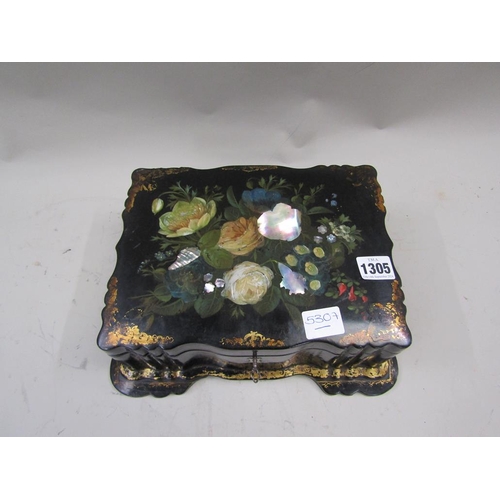 1305 - VICTORIAN BLACK LACQUERED PAPIER MACHE FLORAL DECORATED MOTHER OF PEARL INLAID JEWELLERY BOX 27cmS H