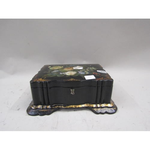 1305 - VICTORIAN BLACK LACQUERED PAPIER MACHE FLORAL DECORATED MOTHER OF PEARL INLAID JEWELLERY BOX 27cmS H