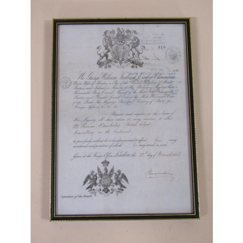 40 - A framed and glazed copy of Thomas Hawksley's passport, dated London 23rd March 1853.