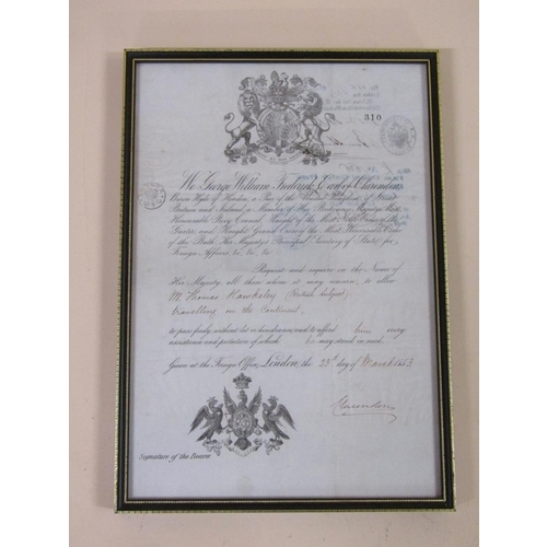 40 - A framed and glazed copy of Thomas Hawksley's passport, dated London 23rd March 1853.