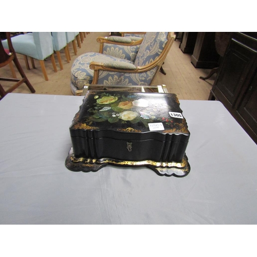 1305 - VICTORIAN BLACK LACQUERED PAPIER MACHE FLORAL DECORATED MOTHER OF PEARL INLAID JEWELLERY BOX 27cmS H