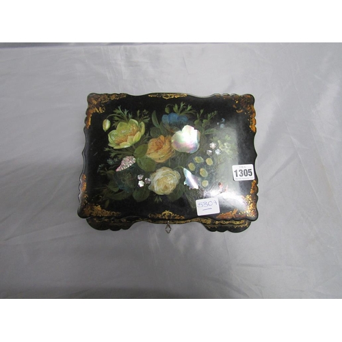 1305 - VICTORIAN BLACK LACQUERED PAPIER MACHE FLORAL DECORATED MOTHER OF PEARL INLAID JEWELLERY BOX 27cmS H