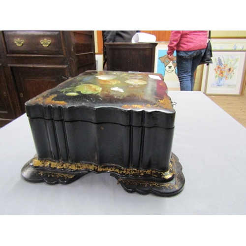 1305 - VICTORIAN BLACK LACQUERED PAPIER MACHE FLORAL DECORATED MOTHER OF PEARL INLAID JEWELLERY BOX 27cmS H