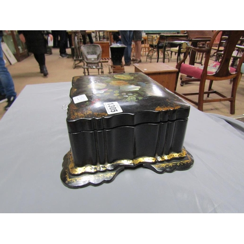 1305 - VICTORIAN BLACK LACQUERED PAPIER MACHE FLORAL DECORATED MOTHER OF PEARL INLAID JEWELLERY BOX 27cmS H