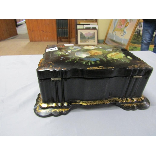 1305 - VICTORIAN BLACK LACQUERED PAPIER MACHE FLORAL DECORATED MOTHER OF PEARL INLAID JEWELLERY BOX 27cmS H