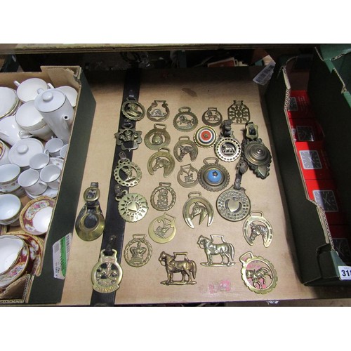 314 - BOX OF HORSE BRASSES, MARTINGALES, OTHER BRASSWARE