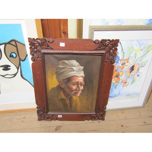 1091 - SIGNED INDISTINCTLY - PORTRAIT OF AN ORIENTAL GENTLEMAN, OIL ON CANVAS, FRAMED, 49CM X 39CM