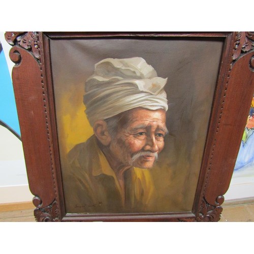 1091 - SIGNED INDISTINCTLY - PORTRAIT OF AN ORIENTAL GENTLEMAN, OIL ON CANVAS, FRAMED, 49CM X 39CM