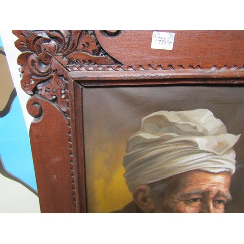 1091 - SIGNED INDISTINCTLY - PORTRAIT OF AN ORIENTAL GENTLEMAN, OIL ON CANVAS, FRAMED, 49CM X 39CM