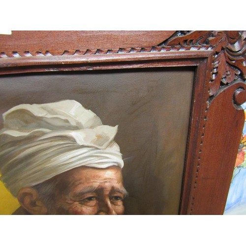 1091 - SIGNED INDISTINCTLY - PORTRAIT OF AN ORIENTAL GENTLEMAN, OIL ON CANVAS, FRAMED, 49CM X 39CM